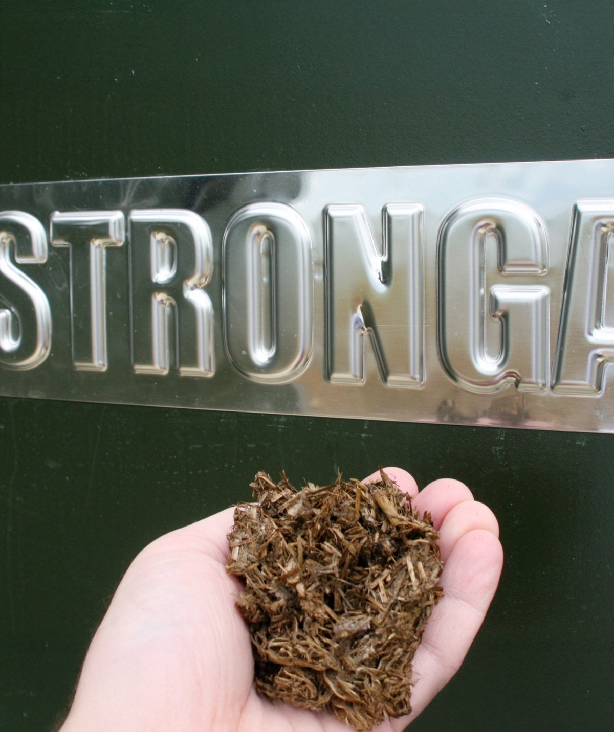 Getrocknete Gärrestfaser in der Hand neben einer Stronga FlowDrya-Maschine