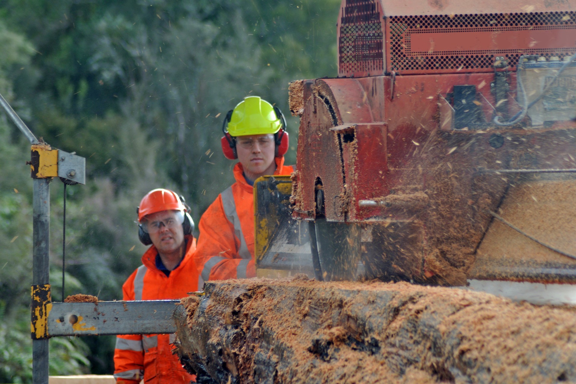 Workers operating a large industrial sawmill machine