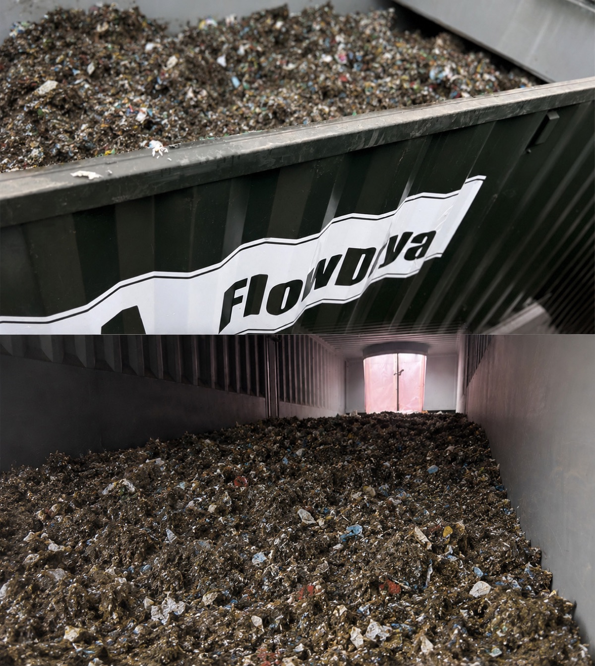 Residuos sólidos urbanos triturados húmedos cargados en un secador de residuos FlowDrya y vista interior del suelo de secado